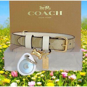 Coach Dog Collar & Apple AirTag Tracker Khaki Chalk Signature C NIB Medium